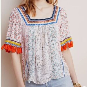 Anthropologie Maeve Paolina Boho Embroidered Blouse Women Medium Tassel Sleeves